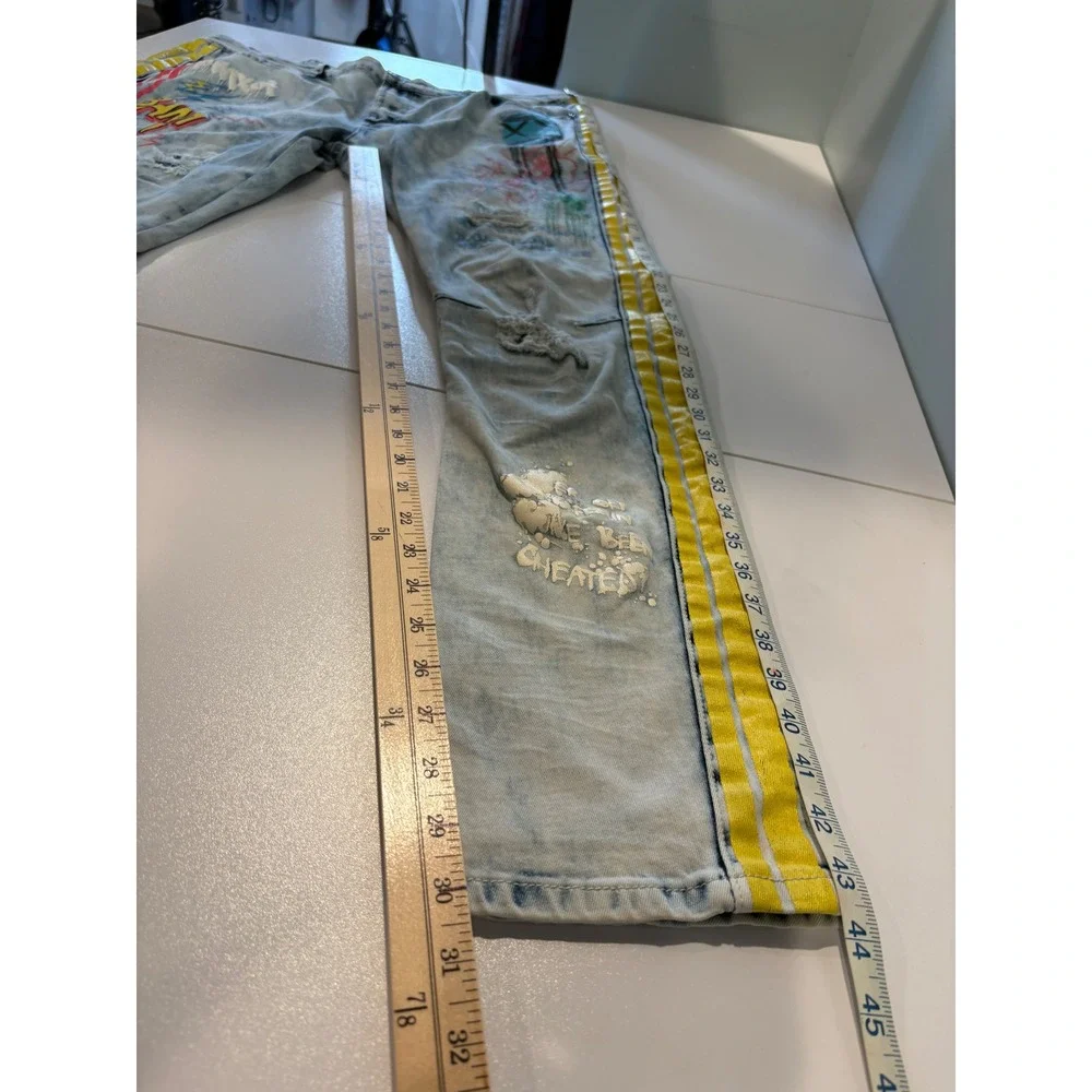 RUE21 PREMIUM Skinny Jeans Mens 40x32 Blue Acid Wash Graffiti Distressed Yellow